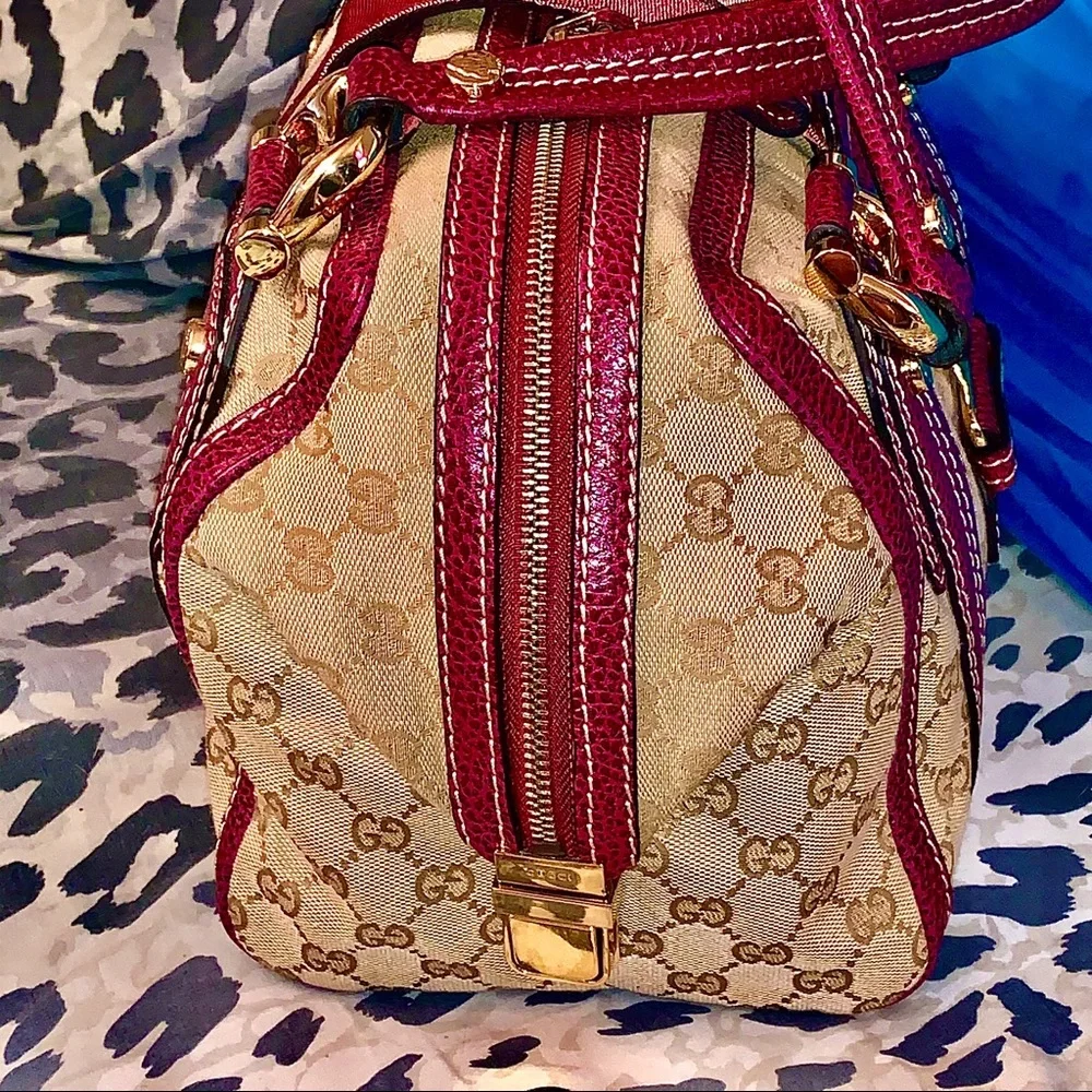 Classic Satchel Red Leather Trim & Beige Canvas